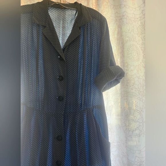 Vintage Blue Seersucker Polkadot 50s Midi Dress Button Front Pockets Collar - Picture 2 of 12